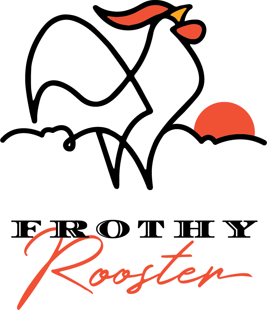 frothy rooster logo with tagline red white